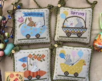 Counted Cross Stitch Pattern, Spring Parade, 1 and 2, Spring Decor, Bunnies, Flowers, Buggies,  Lila's Studio, PATTERN ONLY