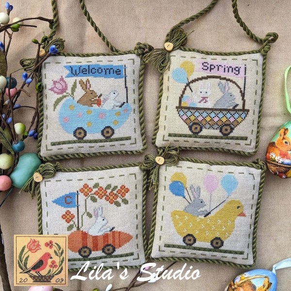 Counted Cross Stitch Pattern, Spring Parade, 1 and 2, Spring Decor, Bunnies, Flowers, Buggies,  Lila's Studio, PATTERN ONLY