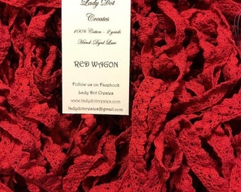 Cotton Lace Trim, Red Wagon, Lady Dot Creates, Hand Dyed Lace, Cotton Lace, Red Lace, Sewing Notion, Sewing Accessory, Sewing Trim