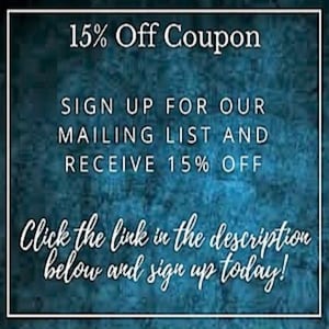 May include: A blue and white textured background with the text "15% Off Coupon" and "Sign up for our mailing list and receive 15% off". Below the text is a call to action: "Click the link in the description below and sign up today!"