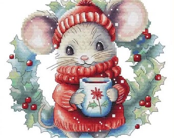 Counted Cross Stitch Pattern, Christmas Mouse, Wreath, Christmas Decor, Cocoa, Holly, Poinsettia, Les Petites Croix de Lucie, PATTERN ONLY