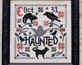 Counted Cross Stitch Pattern, Haunted, Halloween, Black Cat, Ghosts, Pumpkin, Raven, Primitive Decor, Luminous Fiber Arts, PATTERN ONLY
