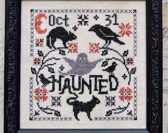 Counted Cross Stitch Pattern, Haunted, Halloween, Black Cat, Ghosts, Pumpkin, Raven, Primitive Decor, Luminous Fiber Arts, PATTERN ONLY
