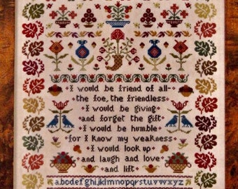 Counted Cross Stitch Pattern, Friend of All, Birds, Flower Motif Sampler, Alphabet, Quote Sampler, Leaves, Monticello Stitches, PATTERN ONLY