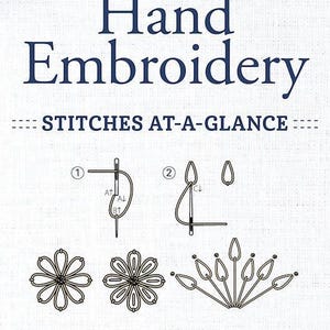 May include: A book cover with the title "Hand Embroidery" and the subtitle "Stitches at-a-glance". The cover features a colorful rainbow of embroidery floss and a diagram of embroidery stitches.