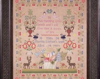 Counted Cross Stitch Pattern, Eliza Martha Linfoot1834, Reproduction Sampler, Antique Reproduction, Hands Across the Sea, PATTERN ONLY