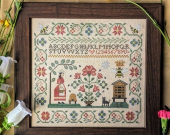 Counted Cross Stitch, Miss B's Apiary, Bees, Bee Skep, Honey House, Flowers, Garden Decor, Honey Bees, Lila's Studio,  PATTERN ONLY