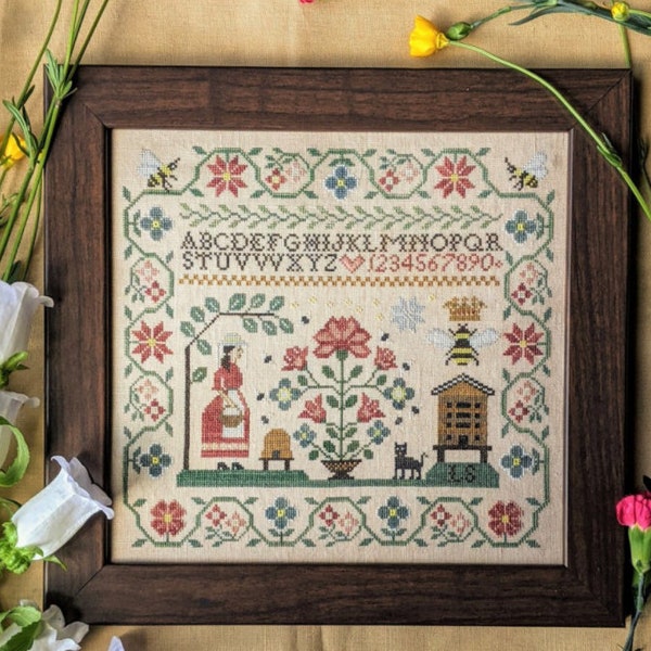 Counted Cross Stitch, Miss B's Apiary, Bees, Bee Skep, Honey House, Flowers, Garden Decor, Honey Bees, Lila's Studio,  PATTERN ONLY