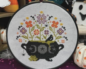 Counted Cross Stitch Pattern, Halloween Cauldron, Flower Motifs, Pillow Ornament, Bowl Filler, Spider, Crow, Primrose Cottage, PATTERN ONLY