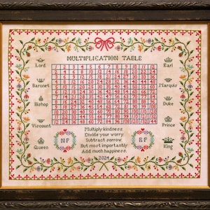 May include: Framed cross-stitch sampler featuring a multiplication table with floral and bow accents. The text includes "Multiplication Table" and inspirational phrases. The frame is dark brown.