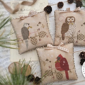 Counted Cross Stitch Pattern, Peppermint & Pine, Cardinal, Barred Owl, Tufted Titmouse, Brenda Gervais, PATTERN ONLY