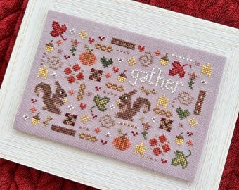 Counted Cross Stitch, A Little Autumn, Squirrels, Acorns, Pillow Ornament, Bowl Filler, Motifs, Sweet Wing Studio, PATTERN ONLY