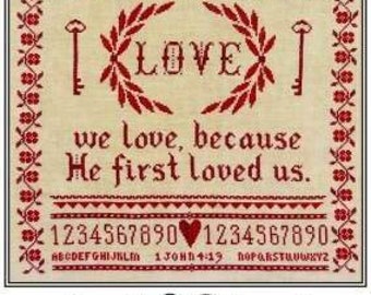 Counted Cross Stitch Pattern, Love Sampler, Alphabet Sampler, Keys, Scriptural, Hearts, Valentines Day, Artful Offerings, PATTERN ONLY