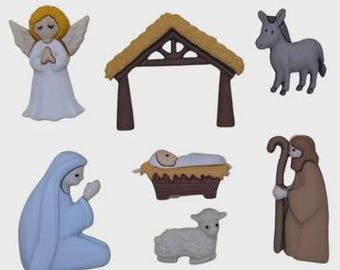 Classic Nativity, Christmas Collection, Manger, Mary, Joseph, Baby Jesus, Shank Buttons, Craft Embellishments, Buttons Galore & More, #4853