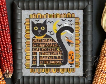 Counted Cross Stitch Pattern, Tis Near Halloween, Halloween Decor, Black Cat, Verse, Moon, Bats, Kathy Barrick, PATTERN ONLY