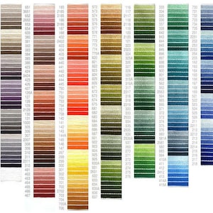 May include: A colour chart of DMC embroidery floss with hundreds of different colours organised in rows. The chart includes a variety of colours, including red, pink, blue, green, yellow, orange, brown, and purple.