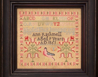Counted Cross Stitch Pattern, Ann Rathmell 1851, Reproduction Sampler, Antique Reproduction, Hands Across the Sea, PATTERN ONLY