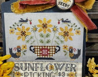 PRE-Order, Counted Cross Stitch Pattern, Sunflower Picking, Autumn Decor, Sunflowers, Bird Motifs, Quaint Rose Needlearts, PATTERN ONLY