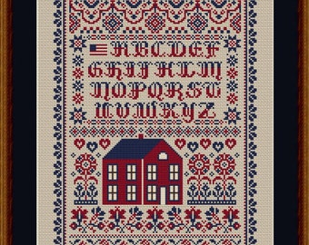 Counted Cross Stitch Pattern, Red House Patriotic Sampler, Independence Day Decor, Red, White, Blue, Happiness is Heart Made, PATTERN ONLY