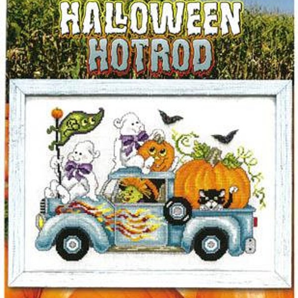 Counted Cross Stitch Pattern, Halloween Hotrod, Witch, Ghosts, Cat, Bats, Pumpkin, Jack, Truck, Halloween Decor,  Stoney Creek, PATTERN ONLY