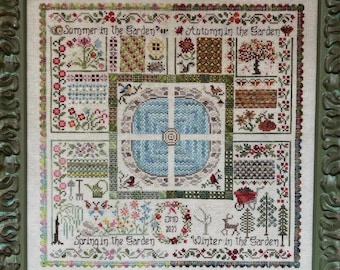 Counted Cross Stitch Pattern, Summer, Seasons in the Garden, Flower Motifs, Garden Decor, Bird, Bee, Jeannette Douglas Designs, PATTERN ONLY