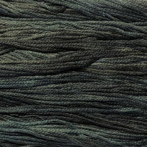 May include: Close-up of a dark green and blue embroidery floss. The floss is tightly wound and has a smooth, silky texture.