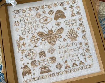 Counted Cross Stitch Pattern, Honey Bee Sampler, Alphabet Sampler, Beehives, Flower Motifs, Pansy Patch Quilts and Stitchery, PATTERN ONLY