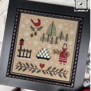 Counted Cross Stitch Pattern, Gathering Holly, Christmas Decor, Holly, Cardinal, Evergreens, Annie Beez Folk Art, PATTERN ONLY