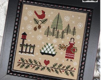 Counted Cross Stitch Pattern, Gathering Holly, Christmas Decor, Holly, Cardinal, Evergreens, Annie Beez Folk Art, PATTERN ONLY