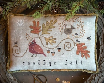 Counted Cross Stitch Pattern, Goodbye Fall, Fall Decor, Cardinal, Fall Leaves, Turkey, Primitive Decor, Plum Street Samplers, PATTERN ONLY