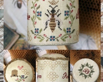 Counted Cross Stitch Pattern, Honeybee Pin Drum, Honeybees, Honey Bee Pin Keep, Pincushion, Personalized, Heartstring Samplery, PATTERN ONLY