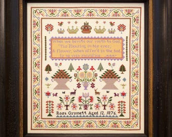 Counted Cross Stitch Pattern, Rosa Gromett 1876, Norfolk Sampler, Reproduction Sampler, Antique Sampler, Hands Across the Sea, PATTERN ONLY