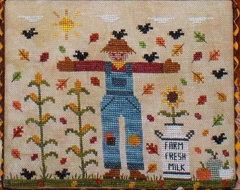 Counted Cross Stitch Pattern, Scarecrow at Work, Pillow, Fall Decor, Crows, Sunflowers, Ezia Gladstone, New York Dreamer, PATTERN ONLY