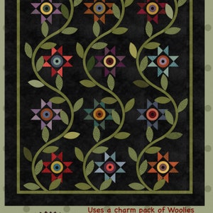 May include: A quilt pattern titled "Star Vines" featuring a black background with nine star-shaped designs in various colors, connected by green vines. The finished size is 66" x 78". The text "All Through the Night" and "Folk Art designs" are also visible.