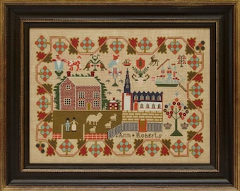 Counted Cross Stitch Pattern, Ann Roberts 1842, Reproduction Sampler, Welsh Reproduction, Village Scene, Hands Across the Sea, PATTERN ONLY