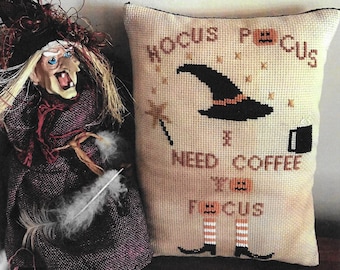 Counted Cross Stitch Pattern, Coffee to Focus, Halloween Decor, Witch, Pumpkins, Wand, Primitive, Twin Peak Primitives, PATTERN ONLY