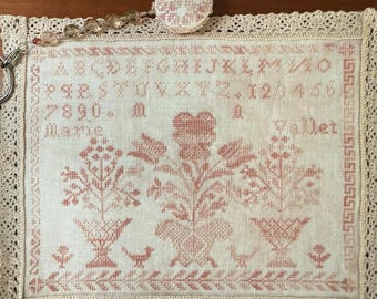 Counted Cross Stitch Pattern, French Rose-Marie Vallet, Reproduction Sampler,  Running with Needles & Scissors PATTERN ONLY