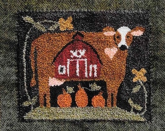 Punch Needle Pattern, Down on the Farm, Country Decor, Cow and Barn, Pumpkins, Punch Needle Patterns, Little House Needleworks, PATTERN ONLY