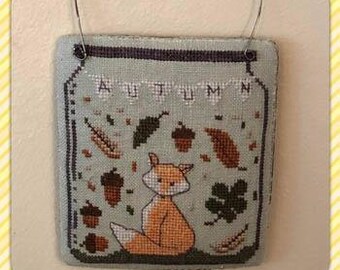 Counted Cross Stitch, Autumn in a Jar, Fall Decor, Acorns, Falling Leaves, Fox, Ornament, Bowl Filler,  Romy's Creation, PATTERN ONLY