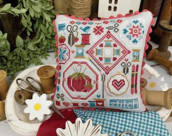 Counted Cross Stitch Pattern, Stitching Quaker, Tomato Pincushion, Scissors, Bluebird, Thread, Primrose Cottage Stitches, PATTERN ONLY
