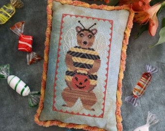 Counted Cross Stitch Pattern, Bumble Bear, Halloween Decor, Rustic Primitive, Pillow Ornament, Bee, The Blue Flower, PATTERN ONLY