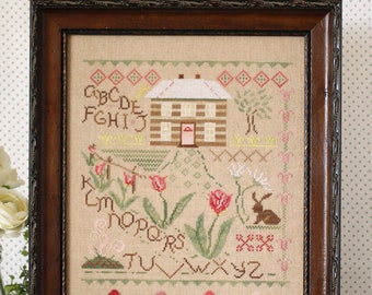 Counted Cross Stitch Pattern, Tulip Cottage, Alphabet, Cottage Sampler, Spring Decor, October House Fiber Arts, PATTERN ONLY