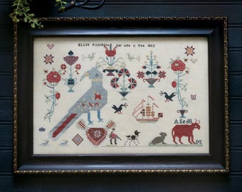 PRE-Order, Cross Stitch Pattern, Red Bull & Odd Bird, Antique Reproduction, Reproduction Sampler, Plum Street Samplers, PATTERN ONLY