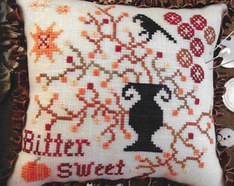 Counted Cross Stitch, Bittersweet, Primitive Crow, Halloween Decor, Autumn Pillow, Fall Ornament, Annie Beez Folk Art, PATTERN ONLY