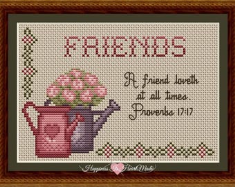 Counted Cross Stitch Pattern, Friends, Proverbs 17:17, Religious Sampler, Flower Motifs, Watering Can, Happiness is Heart Made, PATTERN ONLY