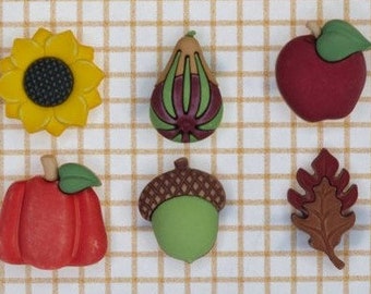 Harvest Happenings, Fall Friends Collection, Autumn Decor, Shank Buttons, Acorn, Apple, Sewing Embellishment, Buttons Galore & More, FA101