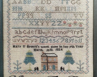 Counted Cross Stitch Pattern, Mary T Broom, Reproduction Sampler, Antique Reproduction, Primitive Decor, The Scarlett House, PATTERN ONLY