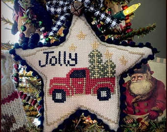 Counted Cross Stitch Pattern, Jolly Truck, Star Ornament, Christmas Decor, Primitive Rustic, Pillow, Teresa Kogut, PATTERN ONLY