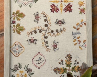 Counted Cross Stitch Pattern, Falling Leaves, Northern Australian Motifs, Birds, Quaker Style, Autumn Decor, Mojo Stitches, PATTERN ONLY