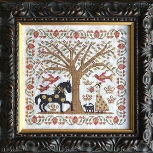Counted Cross Stitch Pattern, A Visit from Spot, Horse, Crowns, Bird Motifs, Ornament, Tree, Cat, Folk Art, Kathy Barrick, PATTERN ONLY